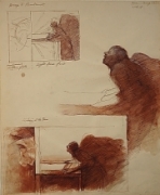 Ecstasy at the Press, 1967, ink & sepia wash,  by Chaim Koppelman
